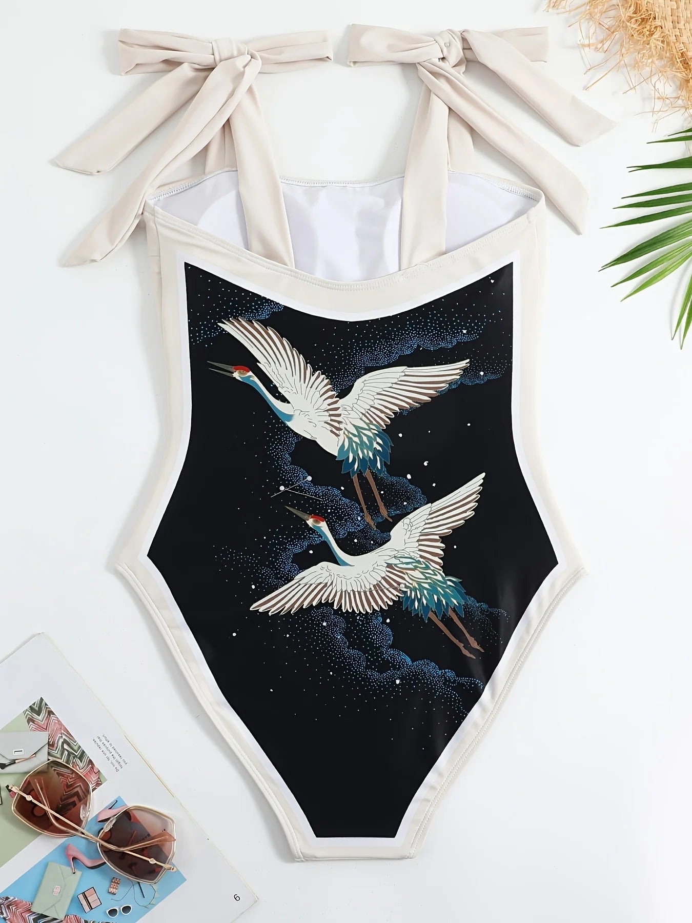 Black Crane Print One-Piece Swimsuit With Tie-Shoulder & Matching Wrap Cover Up Skirt