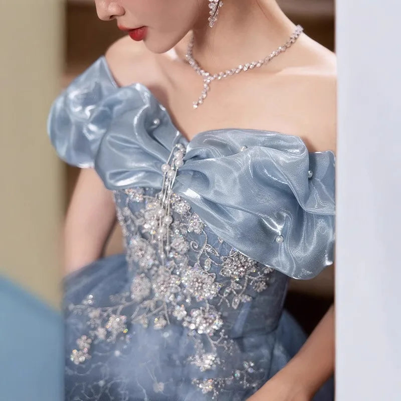 2026 Women's New Summer One Shoulder Embroidered Blue Evening Dress Fashion Slimming Banquet President's Evening Dress