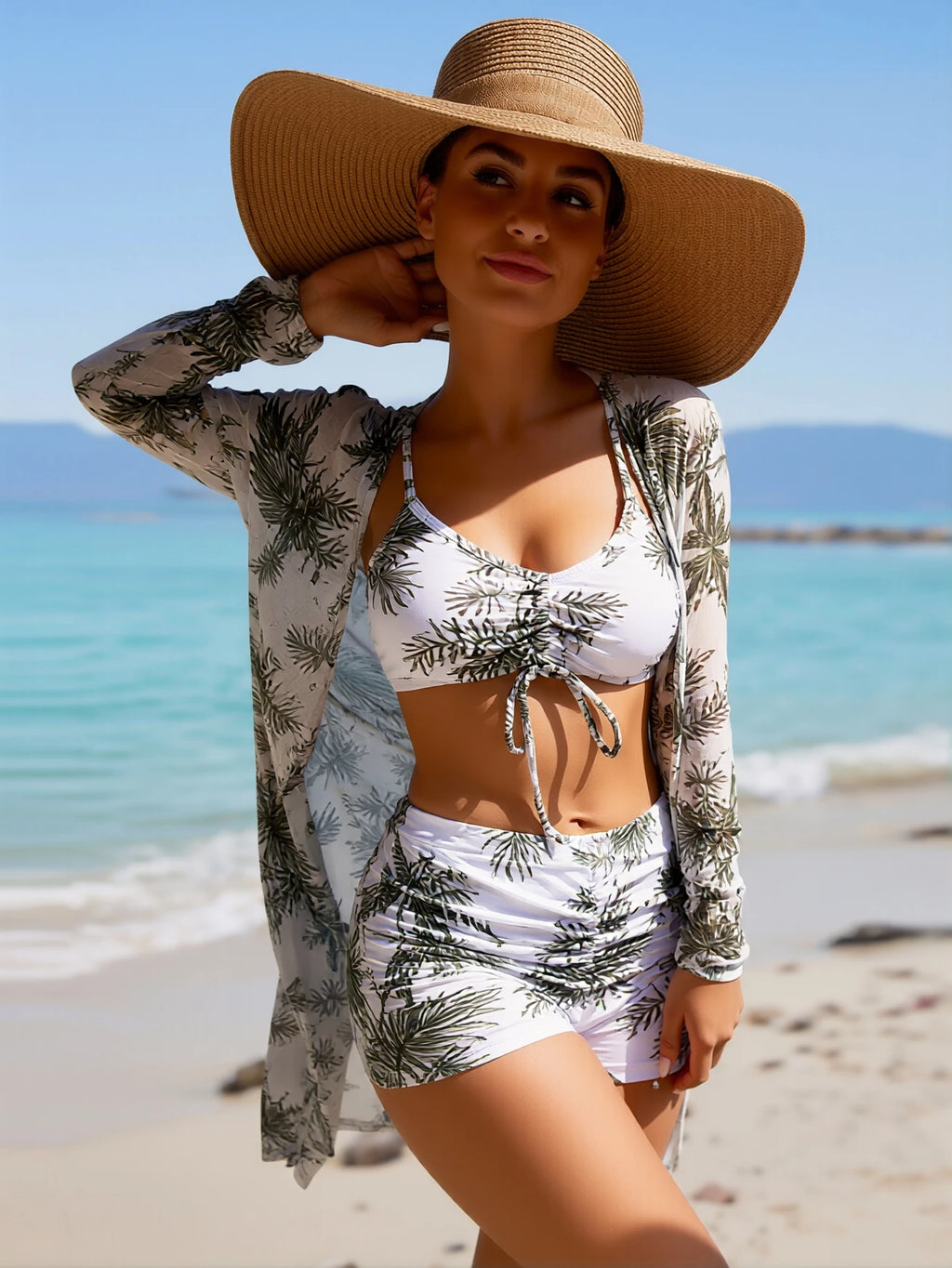2026 New Pink Abstract Swirl Print 3 Piece Bikini Set, Front Tie Cami Crop Top High Waist Shorts Long Sleeve Kimono Cover Up