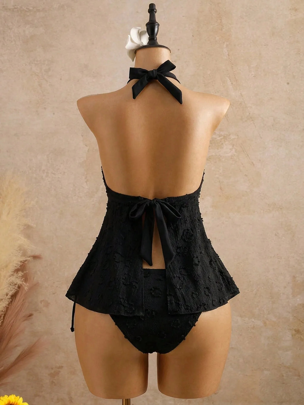 Womens Halter Peplum Bikini Set Textured Tie Front Swimsuit Two Piece Bathing Suit Beachwear Summer Vacation Swimwear