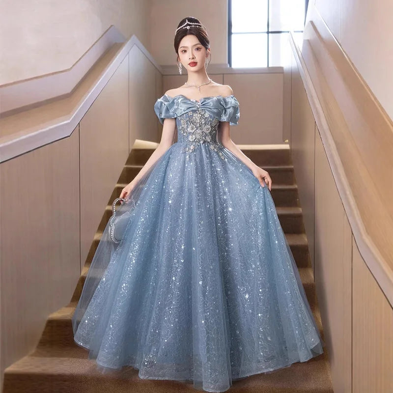 2026 Women's New Summer One Shoulder Embroidered Blue Evening Dress Fashion Slimming Banquet President's Evening Dress