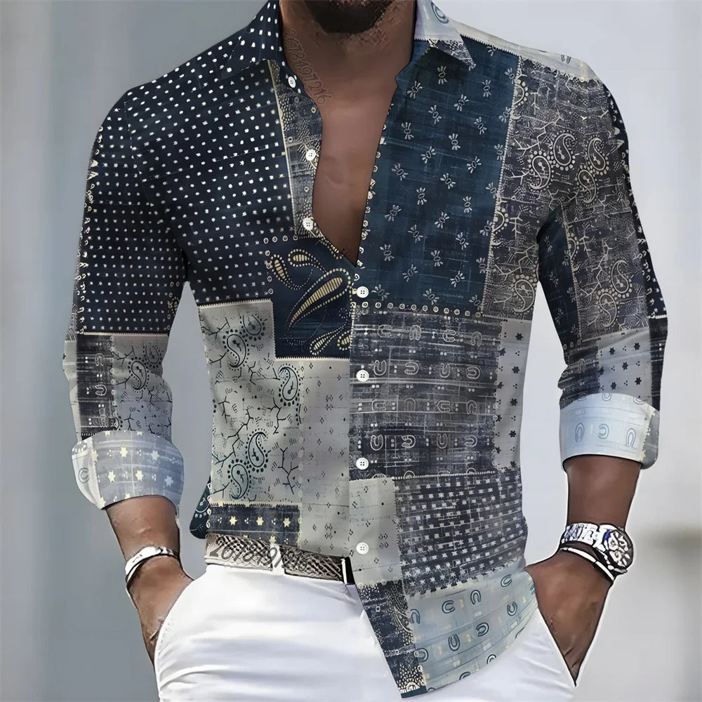 Men's light luxury style printed long-sleeved shirt, retro paisley design casual shirt, plus size loose fit versatile menswear