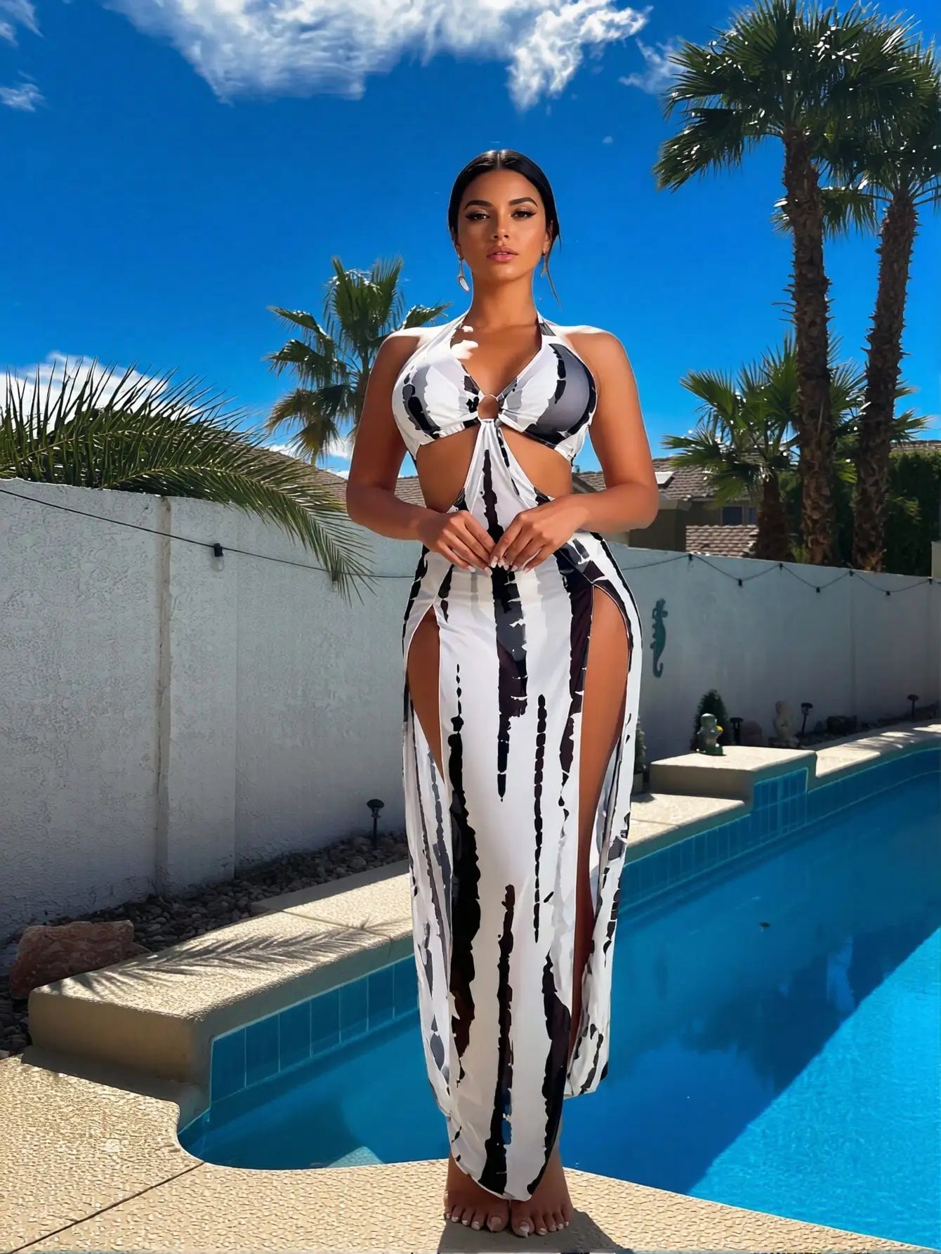 New Black White Tie Dye 3 Piece Bikini Set, Halter Cutout Side Slit Mesh Maxi Cover Up Dress