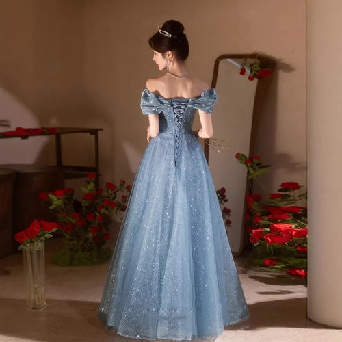 2026 Women's New Summer One Shoulder Embroidered Blue Evening Dress Fashion Slimming Banquet President's Evening Dress