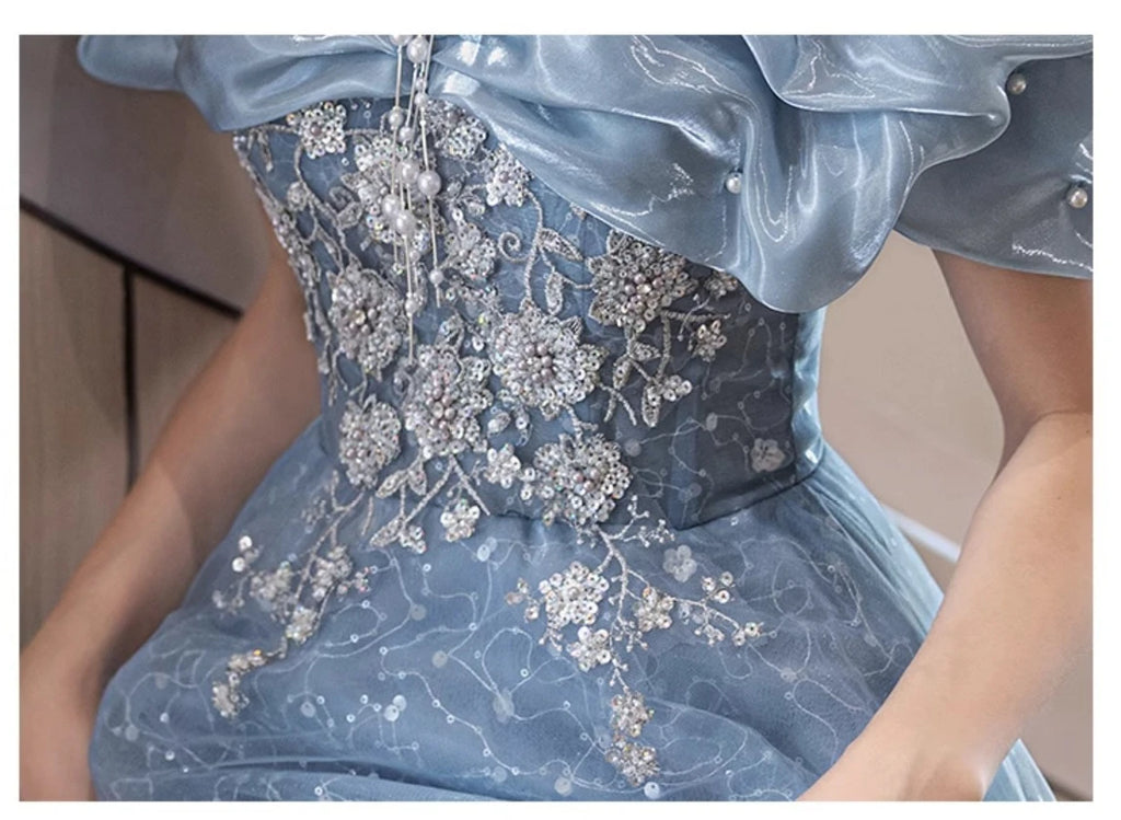 2026 Women's New Summer One Shoulder Embroidered Blue Evening Dress Fashion Slimming Banquet President's Evening Dress