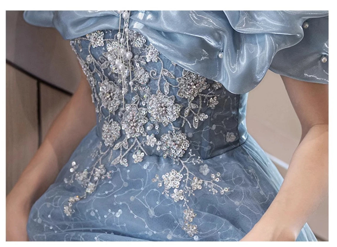 2026 Women's New Summer One Shoulder Embroidered Blue Evening Dress Fashion Slimming Banquet President's Evening Dress