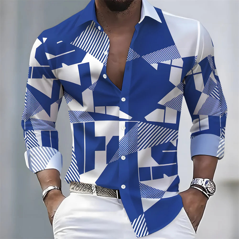 Men's Light Luxury Style Color Block Print Long-Sleeve Shirt, Business Casual Versatile Lapel Loose Fit Fashion Shirt