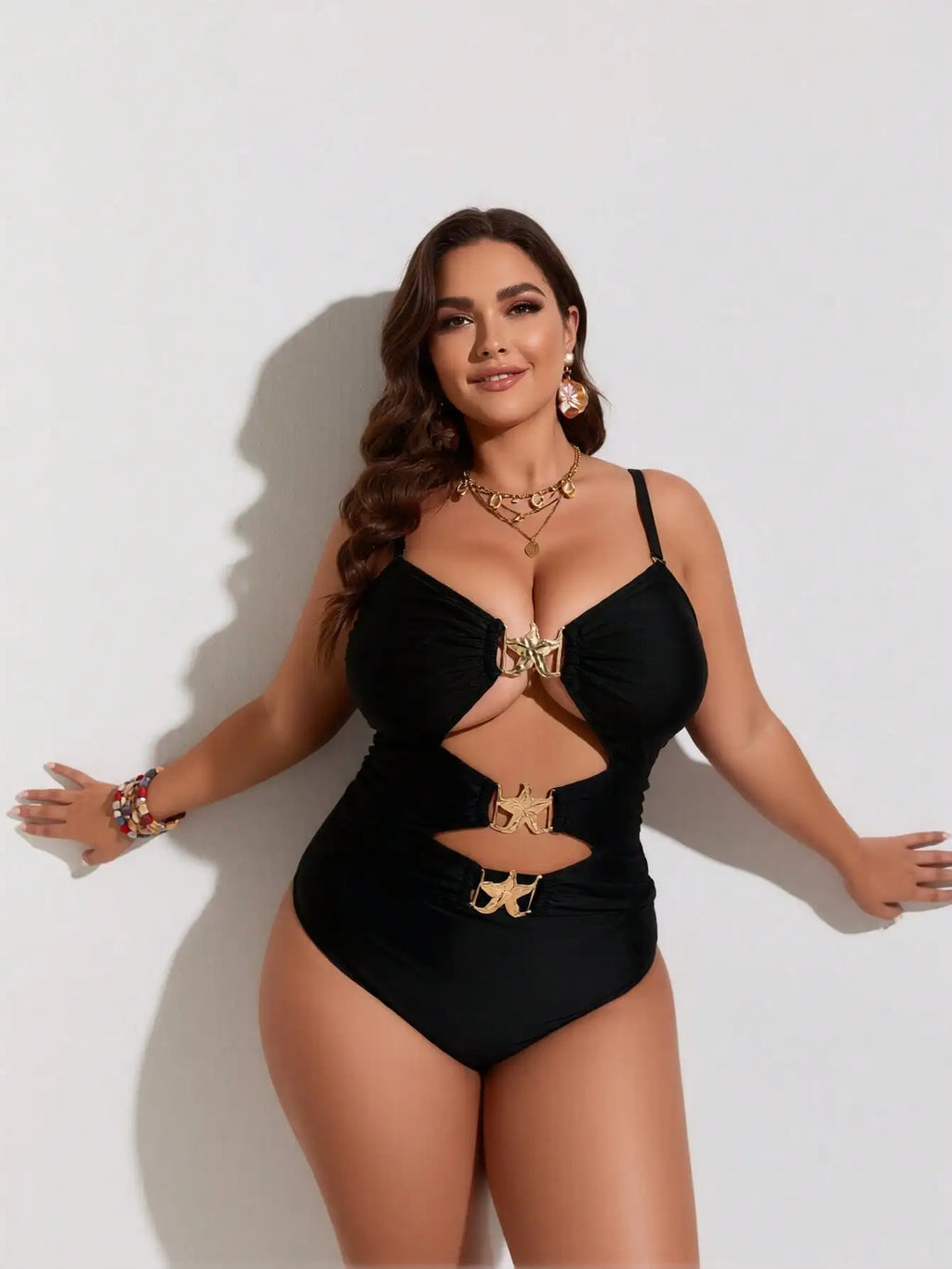 2026 New Women's Plus Size One-Piece Swimsuit: Solid Black, Gold Starfish Cutout Accents, Ruched Bust, High-Cut Leg, Glam Beach Style