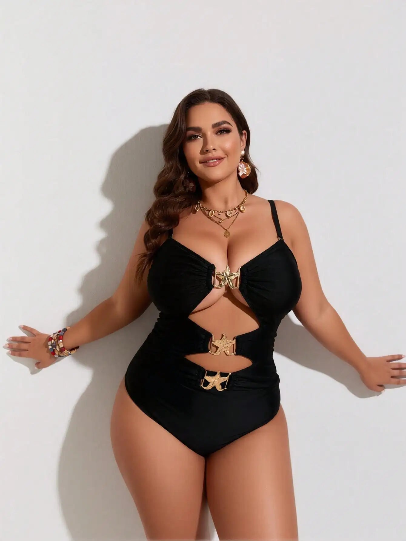 2026 New Women's Plus Size One-Piece Swimsuit: Solid Black, Gold Starfish Cutout Accents, Ruched Bust, High-Cut Leg, Glam Beach Style
