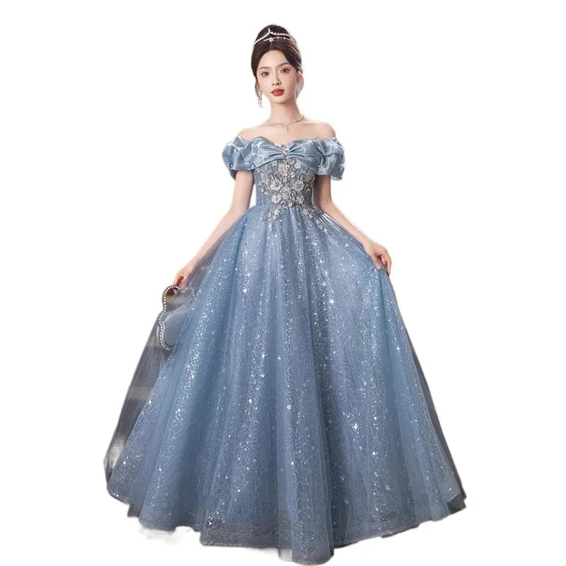 2026 Women's New Summer One Shoulder Embroidered Blue Evening Dress Fashion Slimming Banquet President's Evening Dress