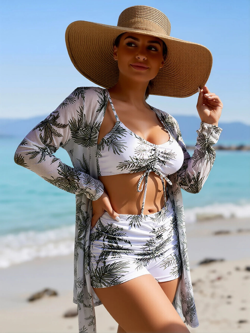 2026 New Pink Abstract Swirl Print 3 Piece Bikini Set, Front Tie Cami Crop Top High Waist Shorts Long Sleeve Kimono Cover Up