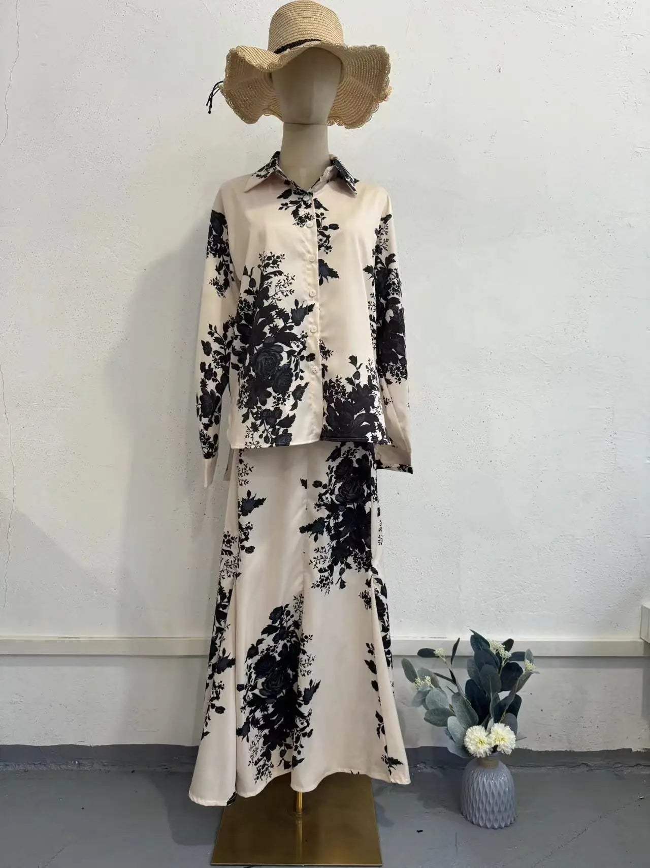 Two Piece Sets Women Outfits Muslim Fashion Flower Print Shirt Skirt Sets Ramadan Morocco Dubai Abayas Islamic Clothes Dress Set