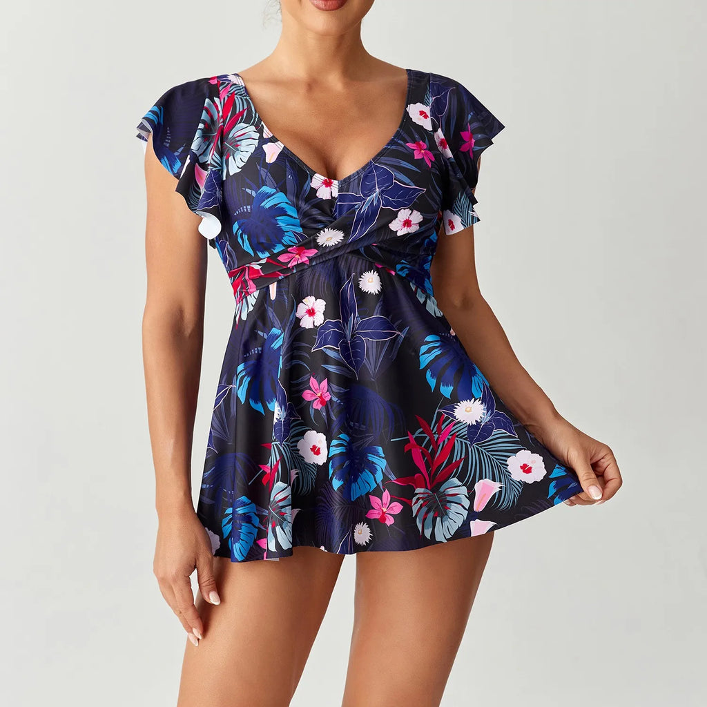 Swimsuit Woman Swimsuits Tankini Short Sleeve V Neck Tankini Top Floral Print Tropical Print Skirted Two Piece Bathing Suit
