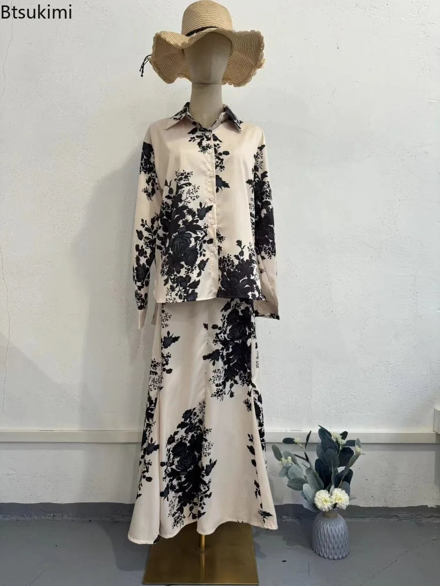 Two Piece Sets Women Outfits Muslim Fashion Flower Print Shirt Skirt Sets Ramadan Morocco Dubai Abayas Islamic Clothes Dress Set