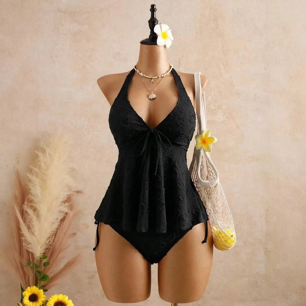 Womens Halter Peplum Bikini Set Textured Tie Front Swimsuit Two Piece Bathing Suit Beachwear Summer Vacation Swimwear