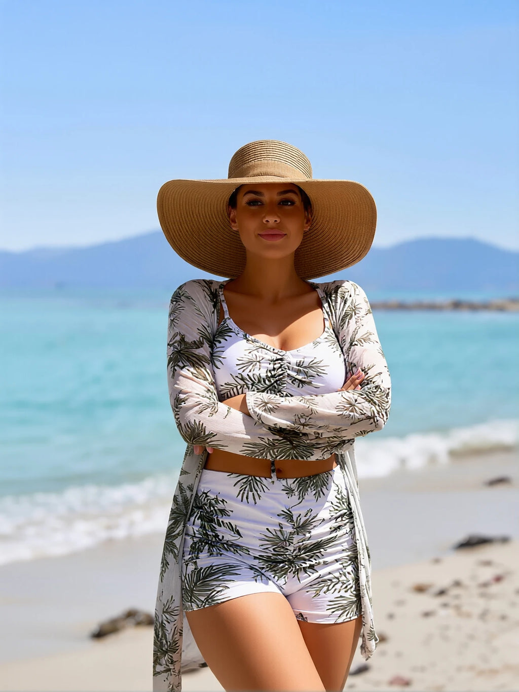 2026 New Pink Abstract Swirl Print 3 Piece Bikini Set, Front Tie Cami Crop Top High Waist Shorts Long Sleeve Kimono Cover Up