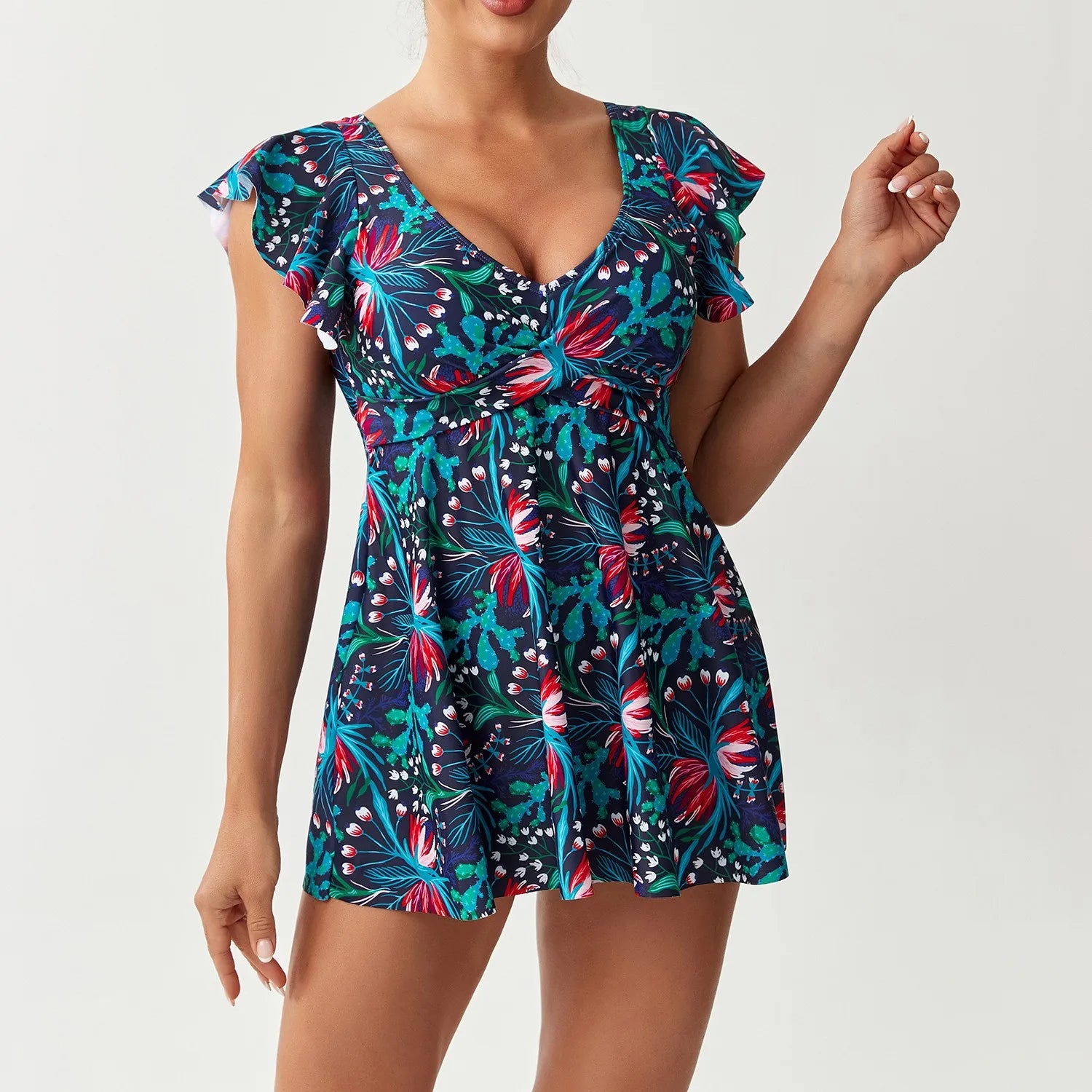 Swimsuit Woman Swimsuits Tankini Short Sleeve V Neck Tankini Top Floral Print Tropical Print Skirted Two Piece Bathing Suit