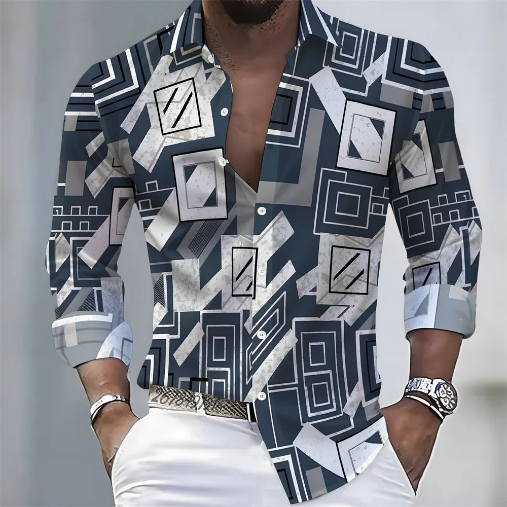 Men's light luxury style printed long-sleeved shirt, retro paisley design casual shirt, plus size loose fit versatile menswear