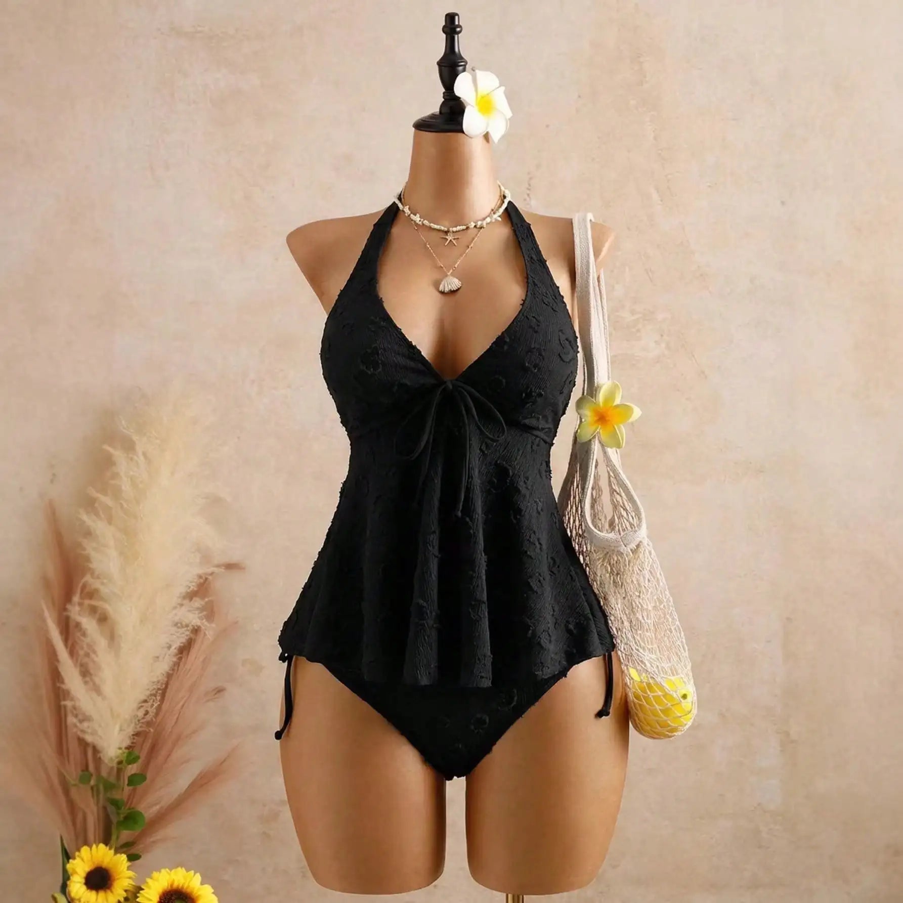 Womens Halter Peplum Bikini Set Textured Tie Front Swimsuit Two Piece Bathing Suit Beachwear Summer Vacation Swimwear
