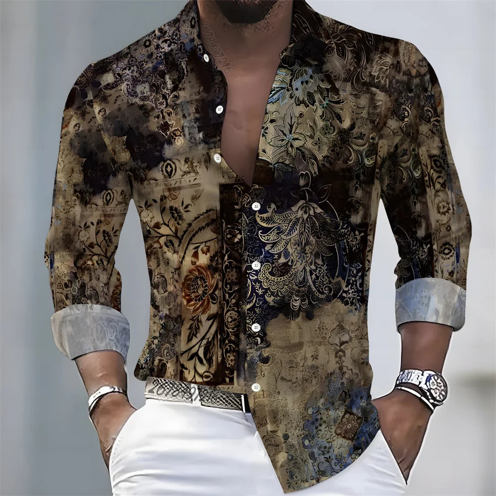 Men's light luxury style printed long-sleeved shirt, retro paisley design casual shirt, plus size loose fit versatile menswear