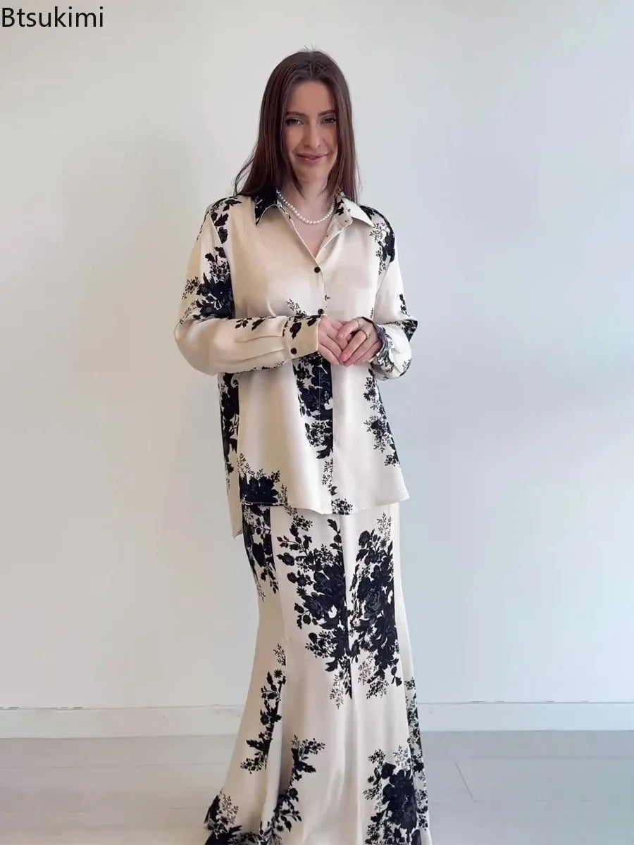 Two Piece Sets Women Outfits Muslim Fashion Flower Print Shirt Skirt Sets Ramadan Morocco Dubai Abayas Islamic Clothes Dress Set