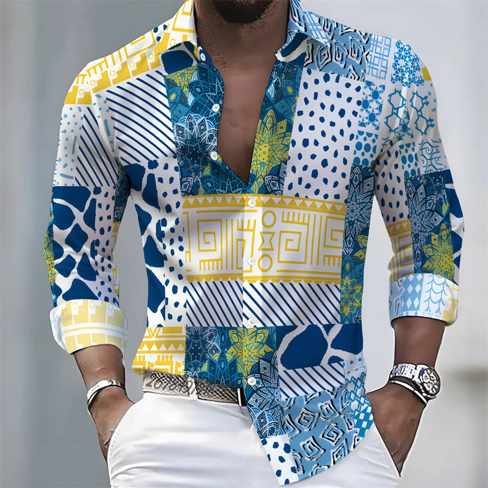 Men's Light Luxury Style Color Block Print Long-Sleeve Shirt, Business Casual Versatile Lapel Loose Fit Fashion Shirt