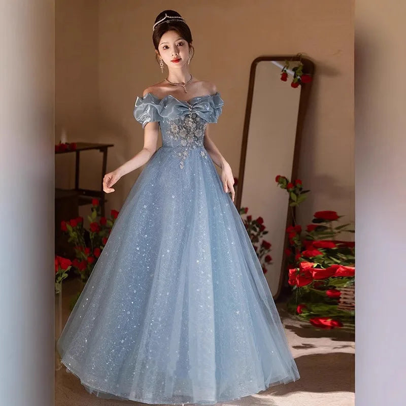 2026 Women's New Summer One Shoulder Embroidered Blue Evening Dress Fashion Slimming Banquet President's Evening Dress