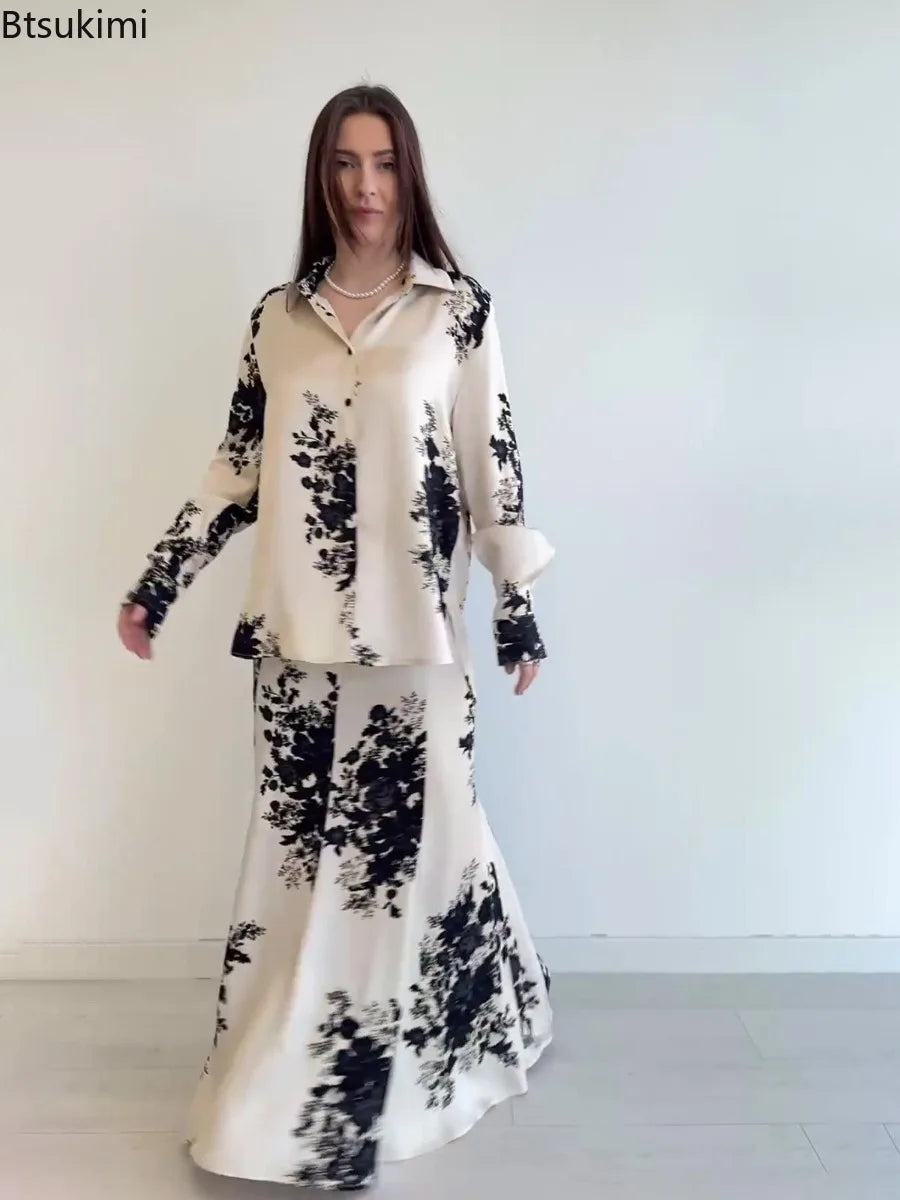Two Piece Sets Women Outfits Muslim Fashion Flower Print Shirt Skirt Sets Ramadan Morocco Dubai Abayas Islamic Clothes Dress Set