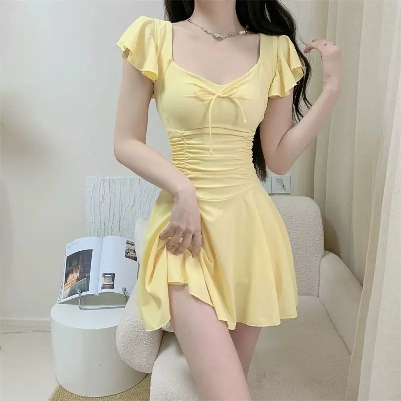 2026 Women Open Back Short Sleeve Swimsuit Solid Color Slimming Bathing Suit with Padding Thermal Spa Hot Spring Swimwear