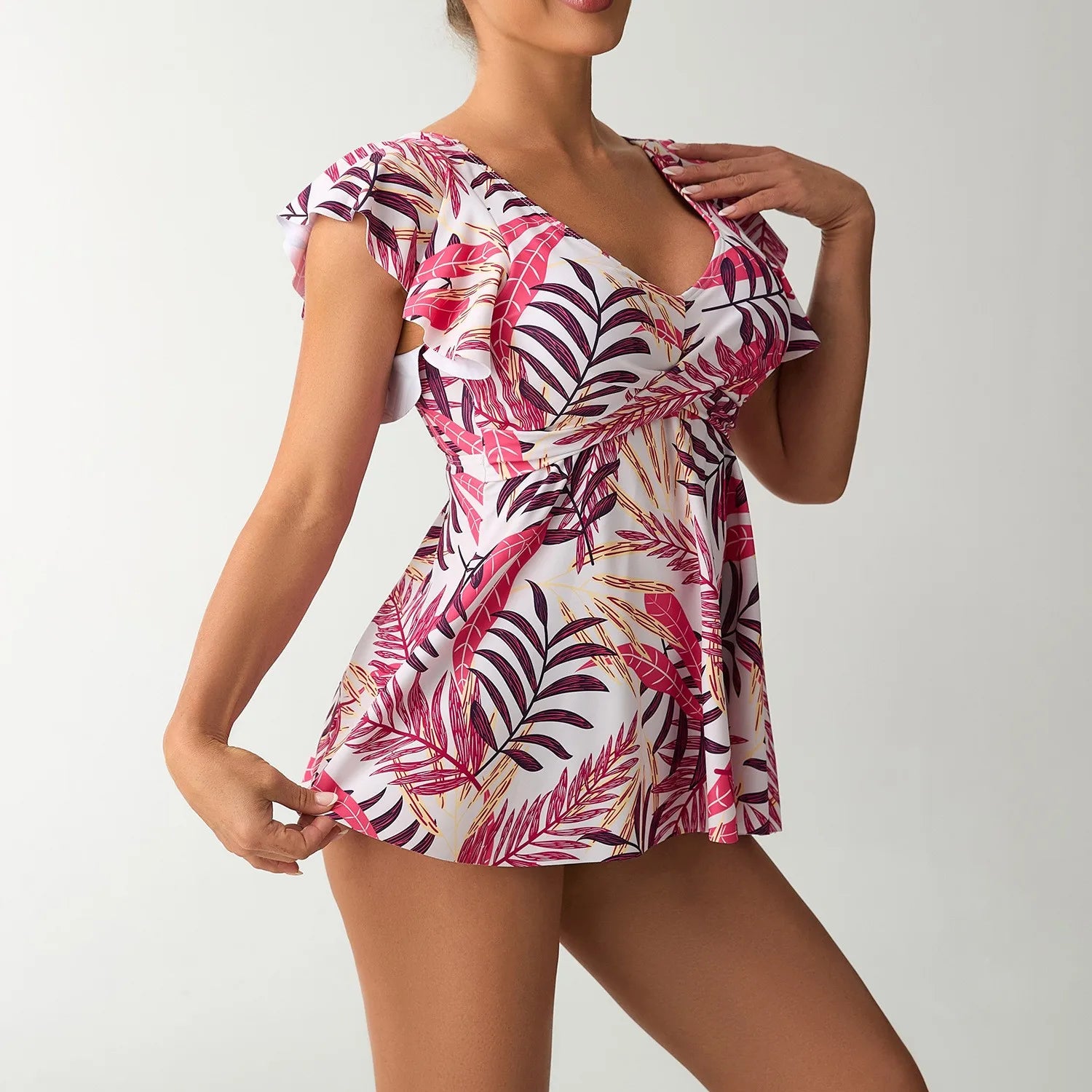 Swimsuit Woman Swimsuits Tankini Short Sleeve V Neck Tankini Top Floral Print Tropical Print Skirted Two Piece Bathing Suit