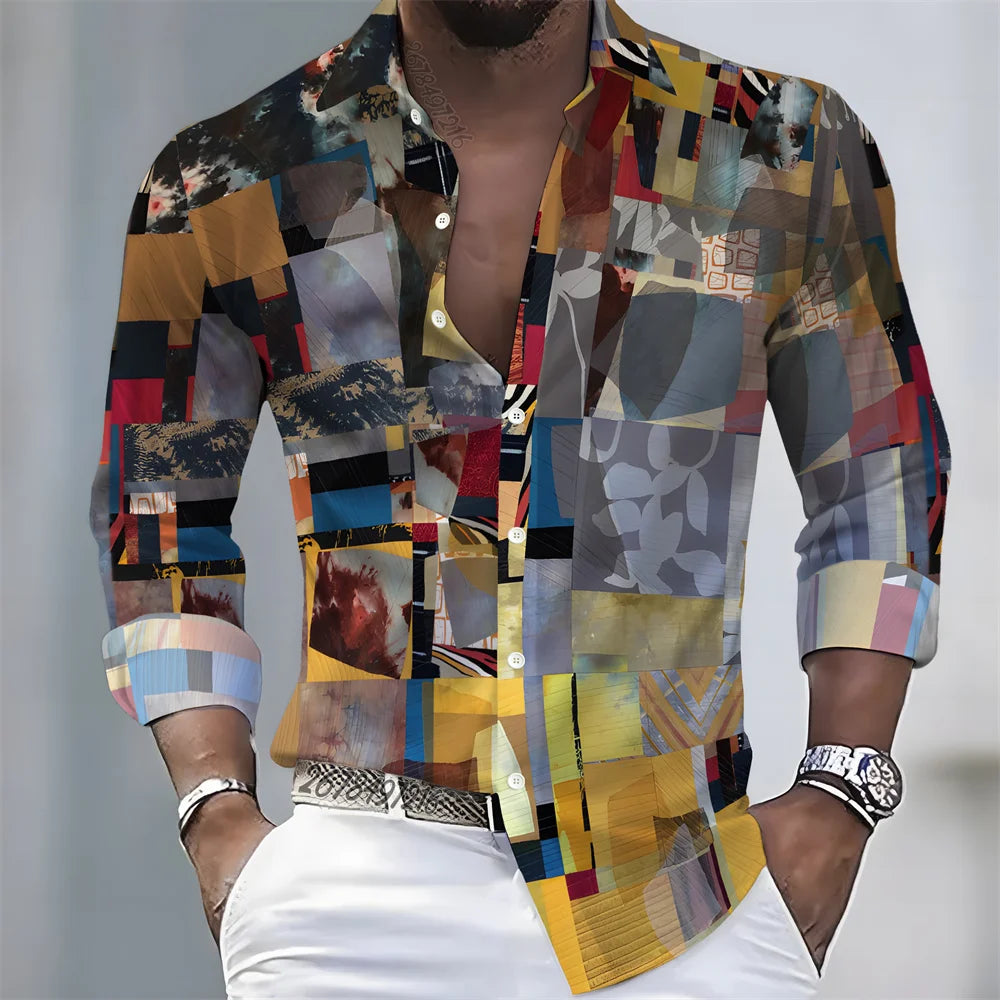 Men's Light Luxury Style Color Block Print Long-Sleeve Shirt, Business Casual Versatile Lapel Loose Fit Fashion Shirt