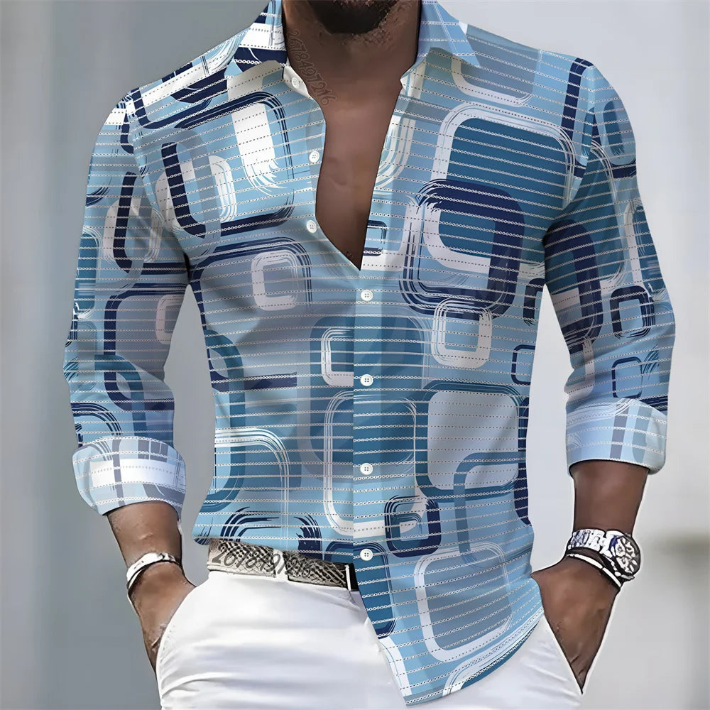 Men's Light Luxury Style Color Block Print Long-Sleeve Shirt, Business Casual Versatile Lapel Loose Fit Fashion Shirt